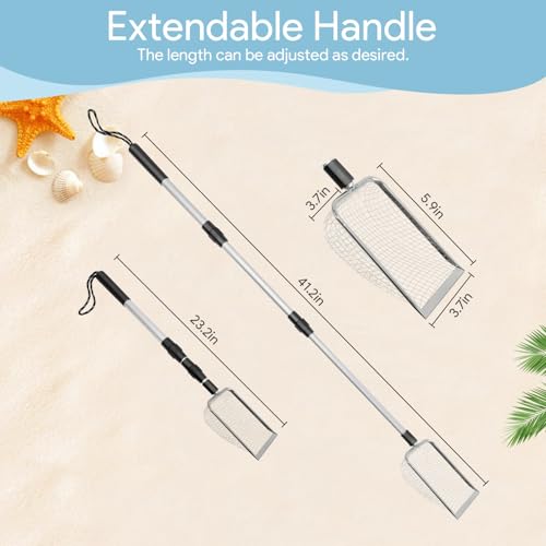2 Pack Sand Sifter, Beach Shark Tooth Sifter Shell Scooper with Two Bags | Shell Scooper for Beach Dipper Scoop with Long Adjustable Handle Shovel Tool for Picking Up Shells Shovels - size: 2 Pieces Sifter + 2 Pieces Bag