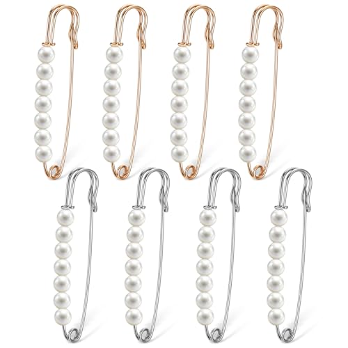 Ymapinc 8pcs Pearl Brooch Pins for Women, Large Decorative Safety Pins, Gold Brooches for Clothes Hijab Sweater Shirt Skirts Dresses Pants Sleeves Hats Collars Scarves Wedding - color: Silver+Gold