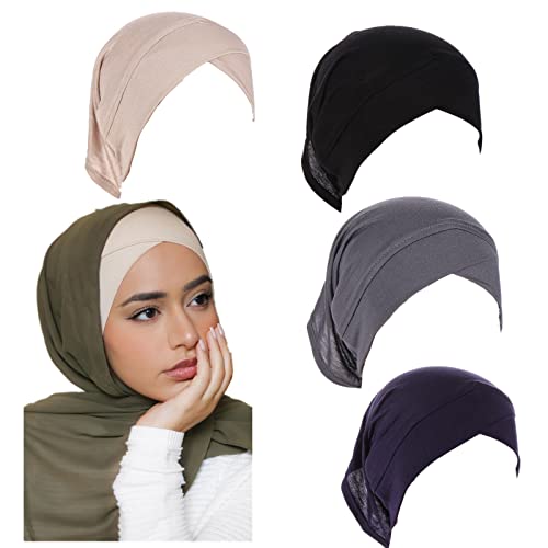 4 Pieces Muslim Inner Hijab Cap for Women Cross Turban Underscarf Undercap Bonnet Islamic Jersey Tube Caps - color: Black+navy+grey+beige