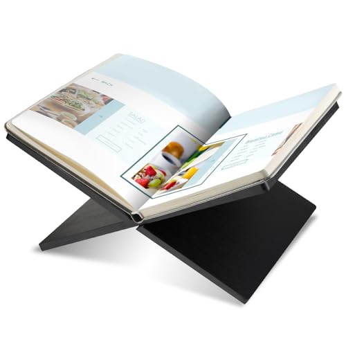 Geetery Book Stand Bamboo Book Holder for Display Reading Textbook Holder Open Display Stand for Open and Closed, Cookbook, Magazines, Textbooks, Recipe(Black) - color: Black