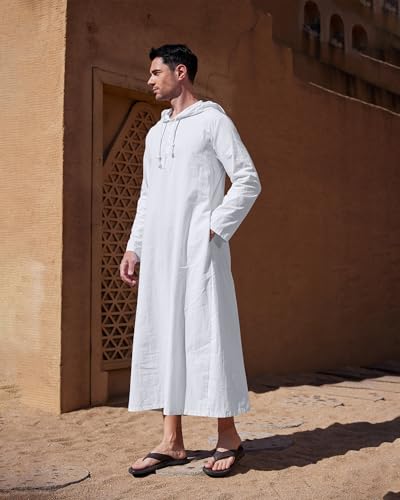 YAOHUOLE Long Sleeve Kaftan Thobe Button down Men Thobe with Pocket Big and Tall Kaftan Muslim Men Thobe - color: White, size: XX-Large