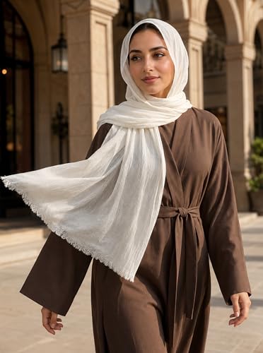 Cotton Linen Plain Hijab Scarf For Women,Muslim Viscose Crinkle Edge With Fringe,Summer Beach Wrap Headwraps Shawl - color: 29#white