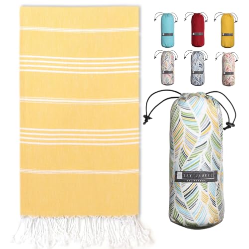 BAY LAUREL Turkish Beach Towel with Travel Bag 39 x 71 Quick Dry Sand Free Lightweight Large Oversized Towels Light - color: Dandelion With Floral Bag