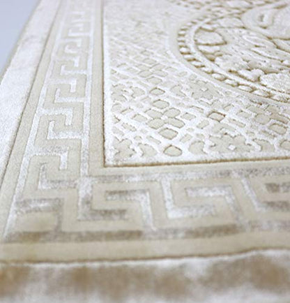 Modefa Luxury Velvet Prayer Rug with Prayer Beads | Soft Elegant Muslim Turkish Janamaz Sajada Carpet for Men and Women | Plain Solid Prayer Mat Ramadan Eid Gift - Paisley (Golden Ivory) - color: Golden Ivory