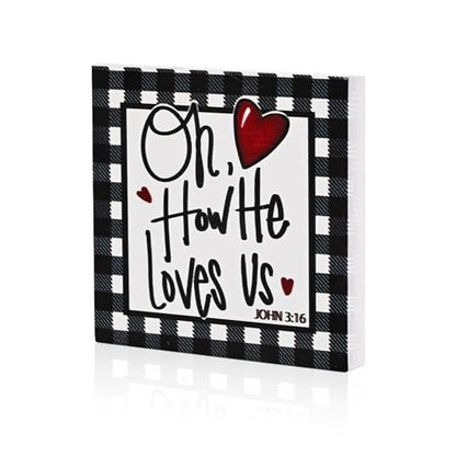 Smile Christian Valentine's Day Wooden Decor, Buffalo Plaid Heart | Oh How He Loves Us, John 3:16 Ornament, Indoor Decoration, Gift Box Included - style: Christian Valentine