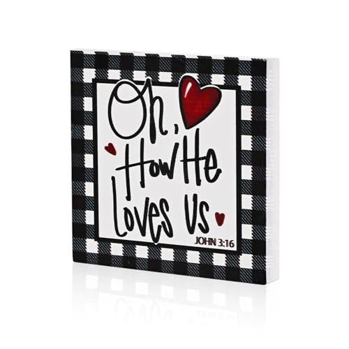 Smile Christian Valentine's Day Wooden Decor, Buffalo Plaid Heart | Oh How He Loves Us, John 3:16 Ornament, Indoor Decoration, Gift Box Included - style: Christian Valentine