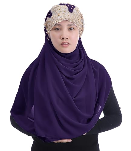 Lina & Lily Premium Chiffon Hijab Head Scarf Wrap with Gold Sequins Glitters Beads for Muslim Women - color: Dark Purple