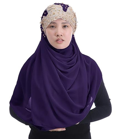 Lina & Lily Premium Chiffon Hijab Head Scarf Wrap with Gold Sequins Glitters Beads for Muslim Women - color: Dark Purple