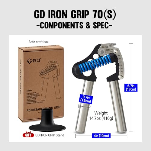 GD IRON GRIP 70 Grip Strength Trainer Hand Gripper Forearm Strengthener | Adjustable 44~154lbs Resistance, hand finger exerciser, forearm trainer squeezer, hand strengthening devices, Metal Hand Grip