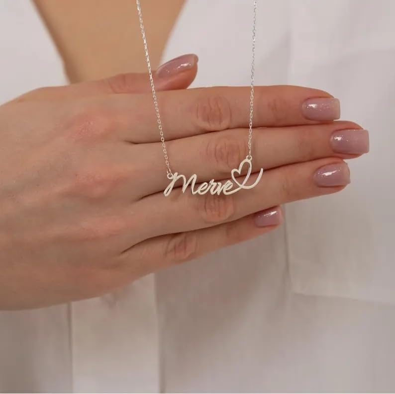 Yoke Style Custom Arabic Name Necklace with Heart, 18K Gold Plated Nameplate Necklace Dainty Jewelry Gifts for Women - color: English Name Necklace with Heart-Silver-02