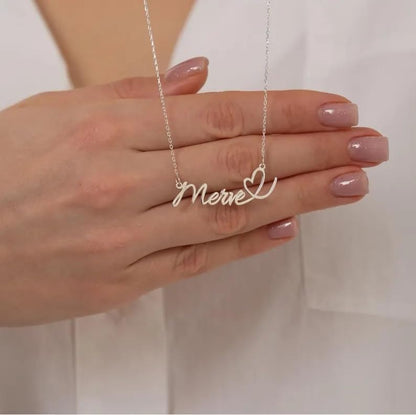 Yoke Style Custom Arabic Name Necklace with Heart, 18K Gold Plated Nameplate Necklace Dainty Jewelry Gifts for Women - color: English Name Necklace with Heart-Silver-02