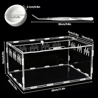 Acrylic Reptile Terrarium, Tarantula Enclosure(Tweezers & Bowl Included) | Reptile Tank with Magnetic Door for Spiders, Mantis, Frogs, Snails & Isopods, 11.4"x7.8"x5.9"