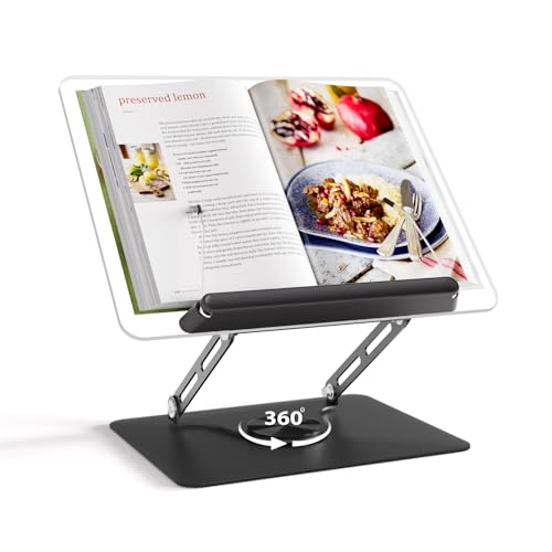 HAUTOCO Adjustable Acrylic Book Stand for Reading, 360° Rotating Base, Foldable Desktop Book Holder with Elastic Page Clips, Hands-Free Cookbook Stand for Laptop, Tablet, Recipe, Textbook, Music Score - color: Black