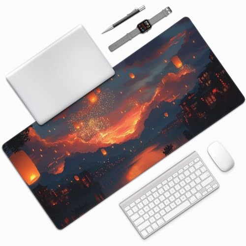 XXL Gaming Mouse Pad 35.4 x 15.7 Inch, Large Desk Mousepad | Moonlit Asian Landscape Design , Non-Slip Rubber Base, Water-Resistant Surface and Stitched Edges for Gaming, Office & Home - color: Moonlit Asian Landscape