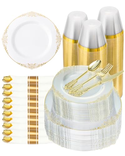 Goodluck 350 Piece Clear Gold Plastic Dinnerware Set for 50 Guests - color: Clear, size: 50 Guests