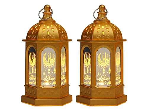 Anlising 2 Pieces Ramadan Lantern Decoration, LED Eid Mubarak Lamp, Ramadan Candle Lantern, Hanging Ramadan Lamp, Ramadan Lantern Decor, for Home Tabletop Decor Creative Party Supplies (Gold) - color: Gold
