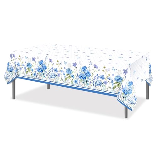 1Pc Blue Hydrangeas Flowers Party Plastic Tablecloth 54 x 87 Inch Long Table Cover, Spring Butterfly Party Tablecover for Floral Theme Kids Baby Shower Birthday Dinner Picnic Kitchen Event - color: Blue Hydrangeas