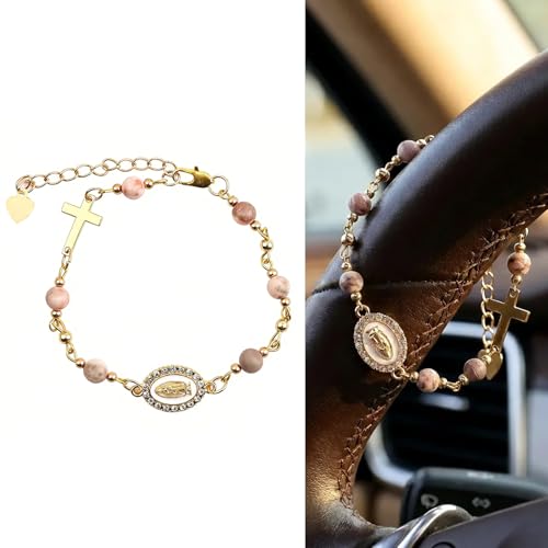 Cross Steering Wheel Charm, Catholic Car Rosary, Christian Car Accessories Rearview Mirror Hanging, Virgin Mary Crucifix Pendant Car Decor for Women Men (Pink2) - color: Pink2