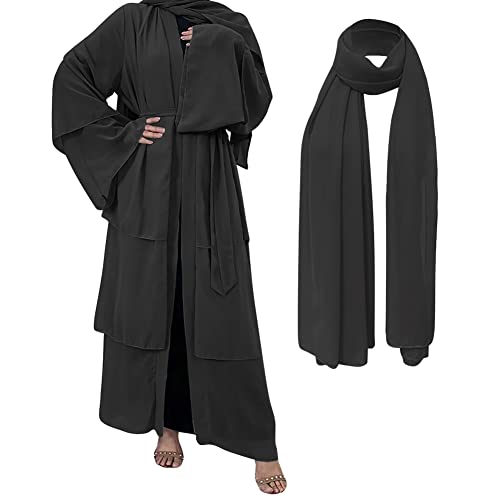 Muslim Abaya Dress for Women - Long Sleeve Islamic Dubai Abaya Cardigan Robe - Middle East Prayer Dress with Hijab - color: #A: Black, size: XX-Large