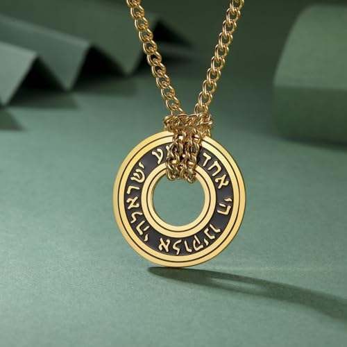 TEAMER Shema Yisrael Necklace Jewish Prayer Hear O Necklace Stainless Steel Hebrew Pendant Religious Vintage Jewelry for Men Women - style: Gold Chain