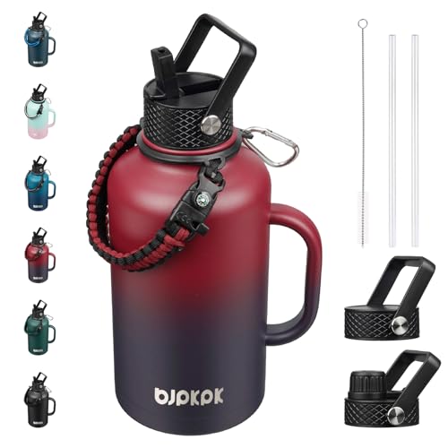 BJPKPK 64oz Insulated Water Bottle with Straw Lid Large Stainless Steel Jug - color: Charming Red, style: 64oz-Side Handle