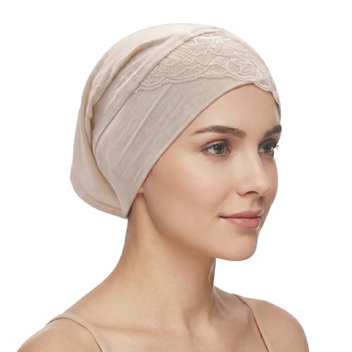 ZLYC Hijab Cap for Muslim Women Soft Stretchy Open-Back Underscarf Hat Breathable Inner Hijab Undercap - color: Lace Beige