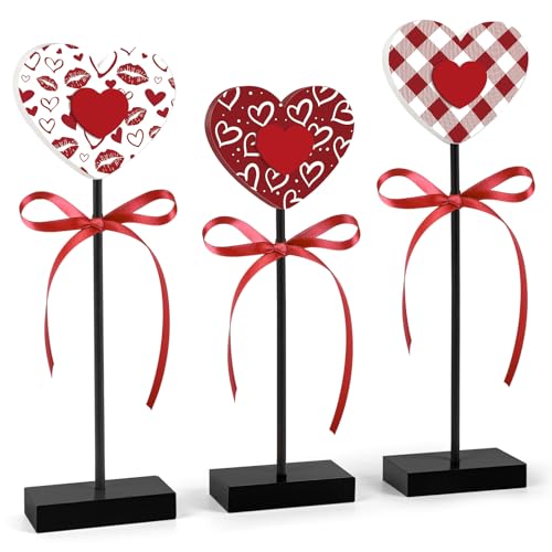 3 Pieces Valentine's Day Table Decorations Wooden Heart Set,Rustic Valentine's Day Tiered Tray Decor for Home Tables (Classic) - style: Classic