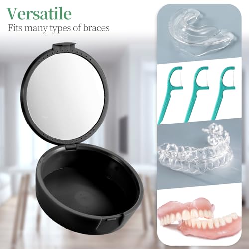 Retainer Case, Denture & Mouth Guard Orthodontic Aligner Case With Mirror & Ventilation, Black Skull - color: Black Skull