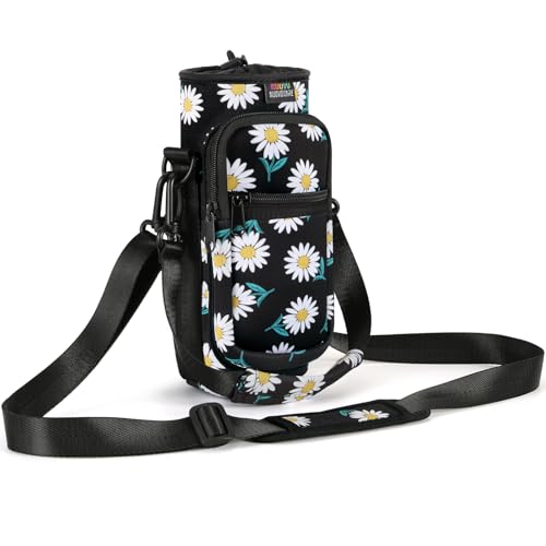 Nuovoware Water Bottle Carrier Bag, 25oz/32oz Bottle Pouch Holder, Adjustable Shoulder Hand Strap 2 Pocket Sling Neoprene Sleeve Sports Accessories for Hiking Travelling Camping, BlackDaisy | Adjustable Shoulder Hand Strap, 2 Pocket, Neoprene Sleeve, For