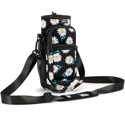 Nuovoware Water Bottle Carrier Bag, 25oz/32oz Bottle Pouch Holder, Adjustable Shoulder Hand Strap 2 Pocket Sling Neoprene Sleeve Sports Accessories for Hiking Travelling Camping, BlackDaisy | Adjustable Shoulder Hand Strap, 2 Pocket, Neoprene Sleeve, For