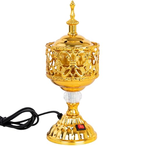 Golden Electric Incense Burner, Arabian Style Electric Incense Holder with US Plug, Middle Eastern Tabletop Decorative Censer for Yoga Spa Home Office Christian Church Decor