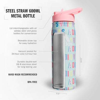 adidas Stainless Steel Metal Water Bottle 20 oz (600 mL) Straw Lid - color: Hall Pass Semi Flash Aqua/Pink Spark/White