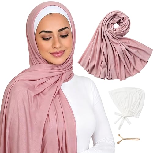 Hijab Scarf for Women, 3PCS Set with Undercap and Hijab Clip Lightweight Modal Muslim Head Wrap Scarf for Daily - color: Sy21-pink Hijab+white Undercap