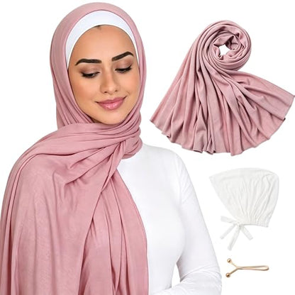 Hijab Scarf for Women, 3PCS Set with Undercap and Hijab Clip Lightweight Modal Muslim Head Wrap Scarf for Daily - color: Sy21-pink Hijab+white Undercap