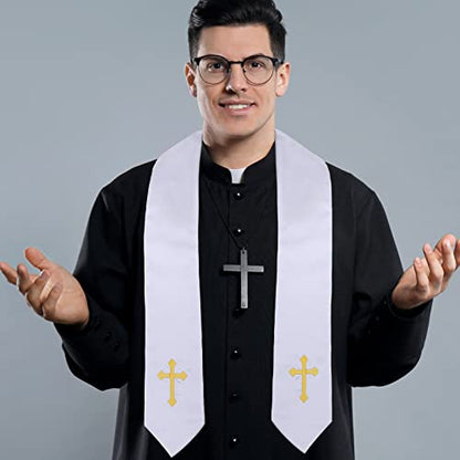 Tarpop Embroidery Clergy Stole Church Pastor Wedding White Traditional Choir Stole with Embroidery Cross for Men Wedding Officiant Priest Robe Accessories