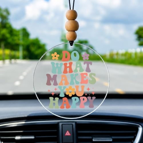 Talataca Makes You Happy 2D Flat Car Ornament & Wood Beads, Inspirational Quote Beaded Rear View Mirror Accessories, Retro Rearview Hanging Charm, Christmas Tree Decor - color: 35