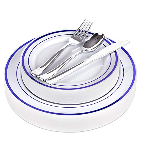 125-Piece White and Blue Fancy Plastic Plates Disposable with Silverware, Elegant Dinnerware for Weddings, Holiday Party China, Set of 25 Dinner + Salad Plates, 25 Spoons, 25 Forks, 25 Knives - color: Blue Rim