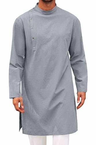 Runcati Mens Kaftan Thobe Robe Long Sleeve Muslim Gown Kurta - color: Grey, size: Medium