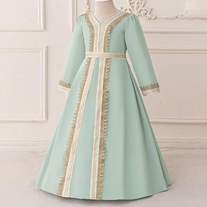 Toddler Girls Muslim Abaya Dress Islamic Dubai Modest Lace Belted Dress Abayas Kaftan Eid Prayer Clothes Arabian Maxi Robe - color: Light Green-a, size: 5-6 Years