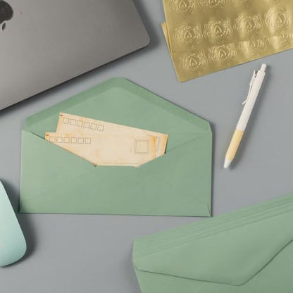 50 Pack Sage Green #10 Business Envelopes with Stickers, 4.13 x 9.49 Inches | Standard Envelopes V Flap, For Office, Business Letter, Letter Mailing - color: Sage Green