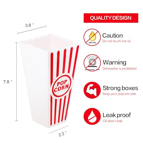Novelty Place Plastic Red & White Striped Classic Popcorn Containers for Movie Night - 7.8" Tall x 3.8" Top x 2.3" Bottom, 41oz (4 Pack)
