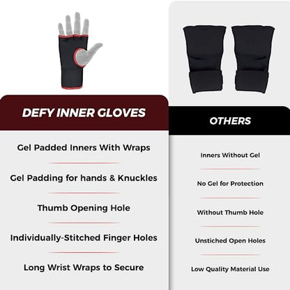 DEFY Padded Inner Gloves Quick 75cm Long Strap – Inner Boxing Gloves Gel Padded Knuckle Protection – Elasticated Boxing Hand Wraps for MMA Muay Thai Kickboxing Martial Arts Pair - color: Black, size: Small