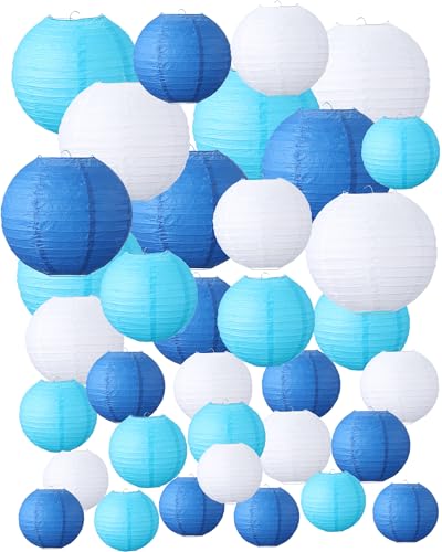Treela 48 Pcs Paper Lanterns Party Decorations Chinese Lanterns Round Paper Decor 4/6/8/10 Inch Asian Hanging Lamps Decorative for Graduate Wedding Birthday Bridal Party Supplies(Blue,White) - color: Blue,White