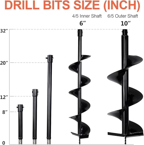 DC HOUSE Post Hole Digger, 52cc 1800W Gas Powered Earth Auger Earth Digger, Auger Post Hole Digger with Two Drill Bit 6" & 10" and Extension Rods, for Fence, Farmland and Garden, EPA Certified - size: 52cc+2 bit(6"10")+3 Ext(8"12"20")
