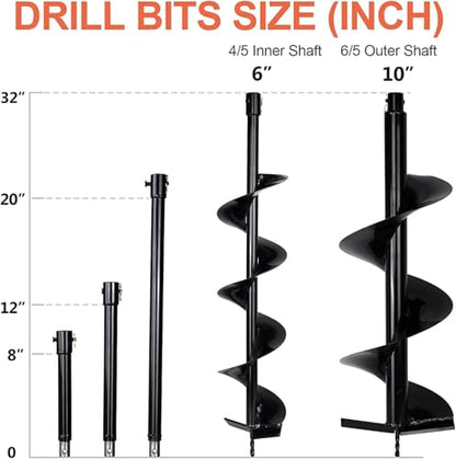 DC HOUSE Post Hole Digger, 52cc 1800W Gas Powered Earth Auger Earth Digger, Auger Post Hole Digger with Two Drill Bit 6" & 10" and Extension Rods, for Fence, Farmland and Garden, EPA Certified - size: 52cc+2 bit(6"10")+3 Ext(8"12"20")