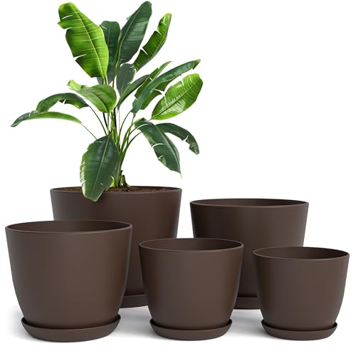 Plant Pots Indoor with Drainage, 5 Pack Multi-Size Planters Set, Brown | Drainage holes included Multiple sizes 7/6.6/6/5.3/4.8 In Indoor plants and flowers Durable plastic construction - color: Brown, size: Pack of 5