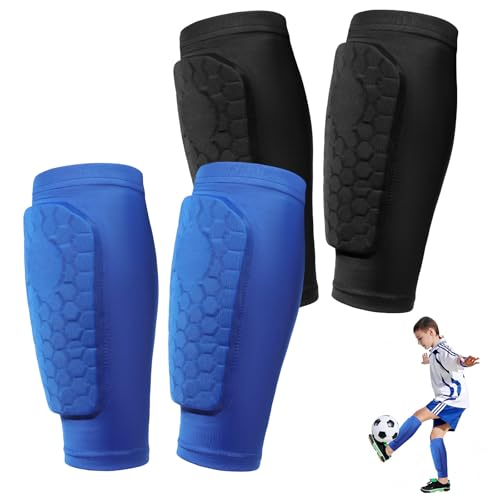 2 Pairs Soccer Shin Guards for Kids Youth Adult, Ski Shin Pads Calf Compression Sleeve with Honeycomb Pads, Protective Shin Defender for Boys Girls Football Baseball - color: Black+Blue, size: 3X-Small