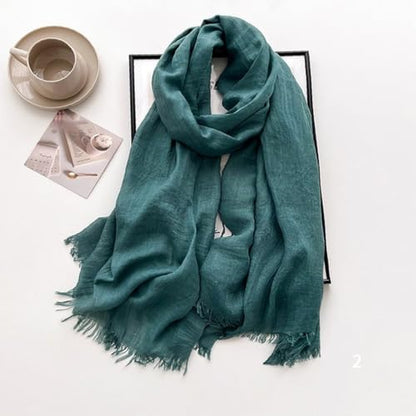 Solid color cotton and linen scarf, wrinkled all season versatile long sunscreen fashionable shawl - color: Ha Blue