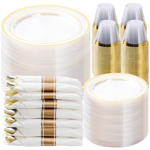 BESTVIP 700PCS Clear Gold Plastic Dinnerware Set for 100 Guests, Disposable Party Plate for Christmas and New Year, Include: 200 Plastic Plates, 100 Pre Rolled Napkins with Silverware, 100 Cups - color: Clear & Gold, size: 100 Guests