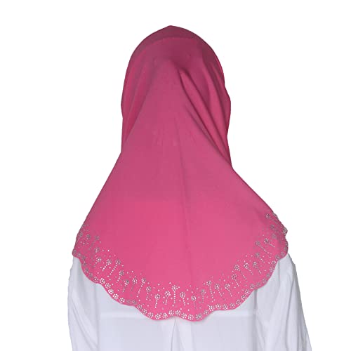 Girls Hijab with Rhinestones – Sparkly Non-Slip Amira Scarf for Kids, for Daily Prayer, School, Ramadan & Eid (Ages 4-12) - color: Rose Red-wavy Edge